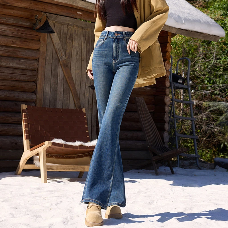 春秋季喇叭裤休闲牛仔裤女小个子女款复古色裤子修身微喇叭加长