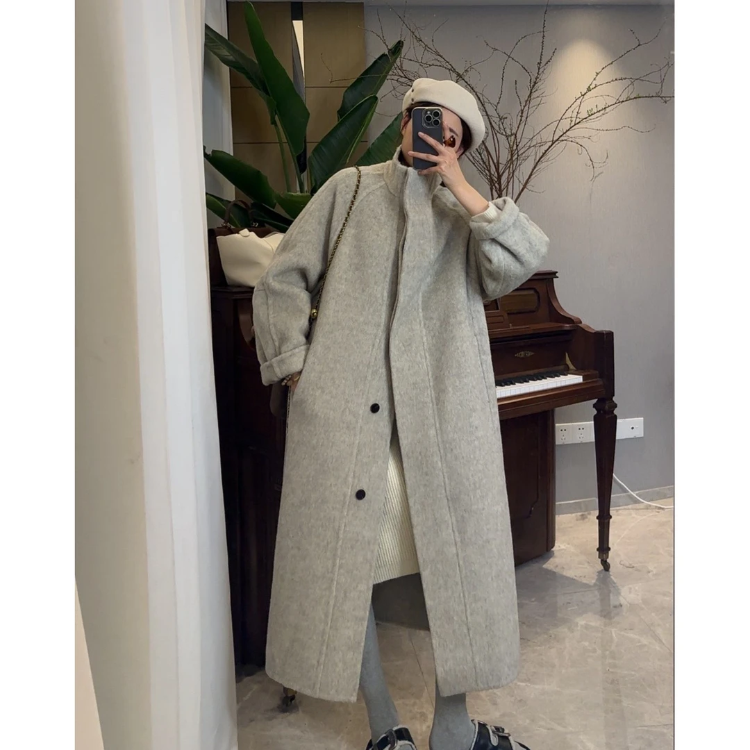 【衫菜】毛呢外套长款长袖立领百搭大衣冬季外套女装黑色秋冬038