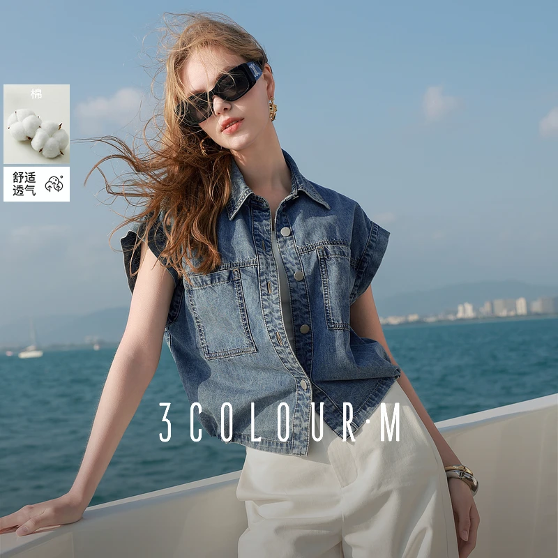 三彩2025夏季新款牛仔衬衫宽松短袖开衫翻领短款复古时尚M
