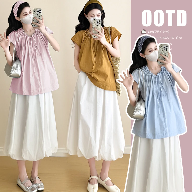 孕妇装2025夏季新款休闲气质百搭韩版甜妹风格圆领抽褶孕妈装上衣