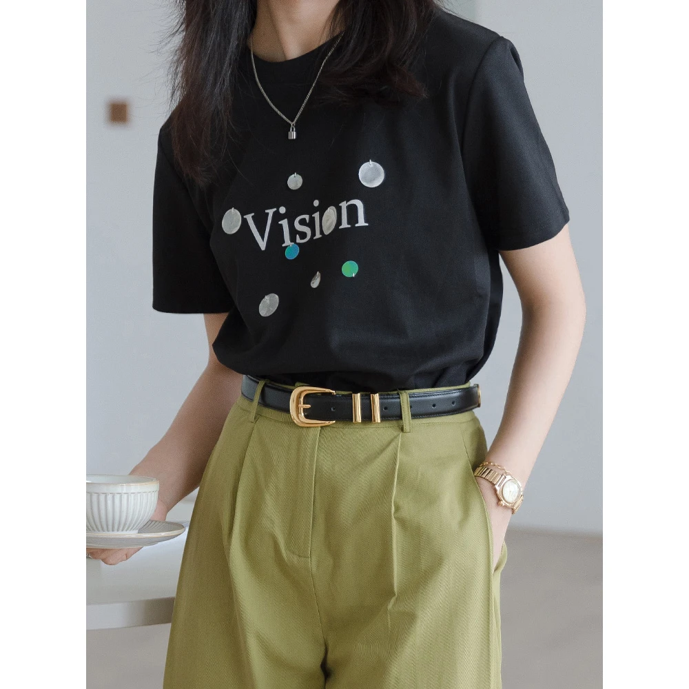 王妃家小众短袖t恤女2025新款贝壳珠片字母宽松圆领减龄上衣洋气