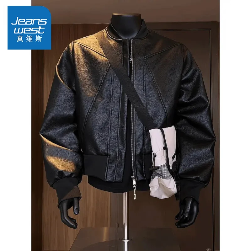 真维斯男士秋冬季美式棒球领飞行皮衣夹克男立领休闲百搭宽松外套