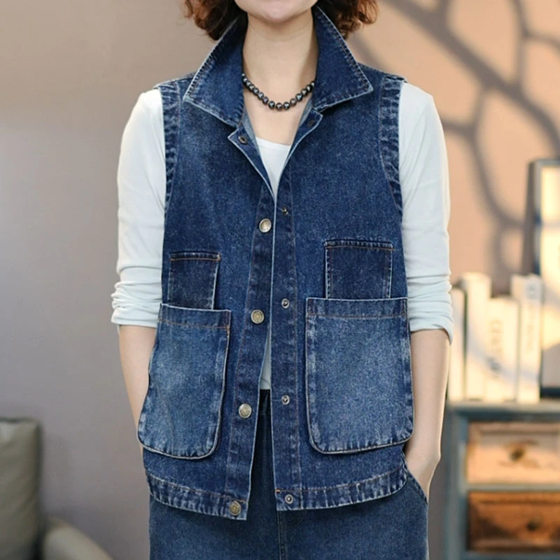 小雅8793蓝#2025春季文艺复古牛仔坎肩百搭背心贴布撞色牛仔马甲