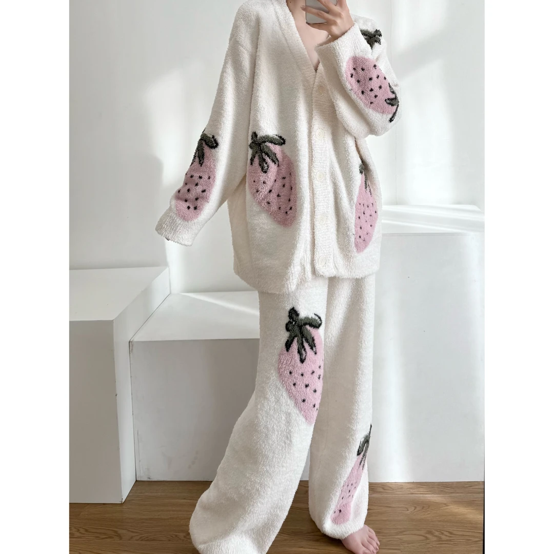 可爱草莓软糯糯半边绒睡衣女秋季新款加绒加厚开衫长袖家居服