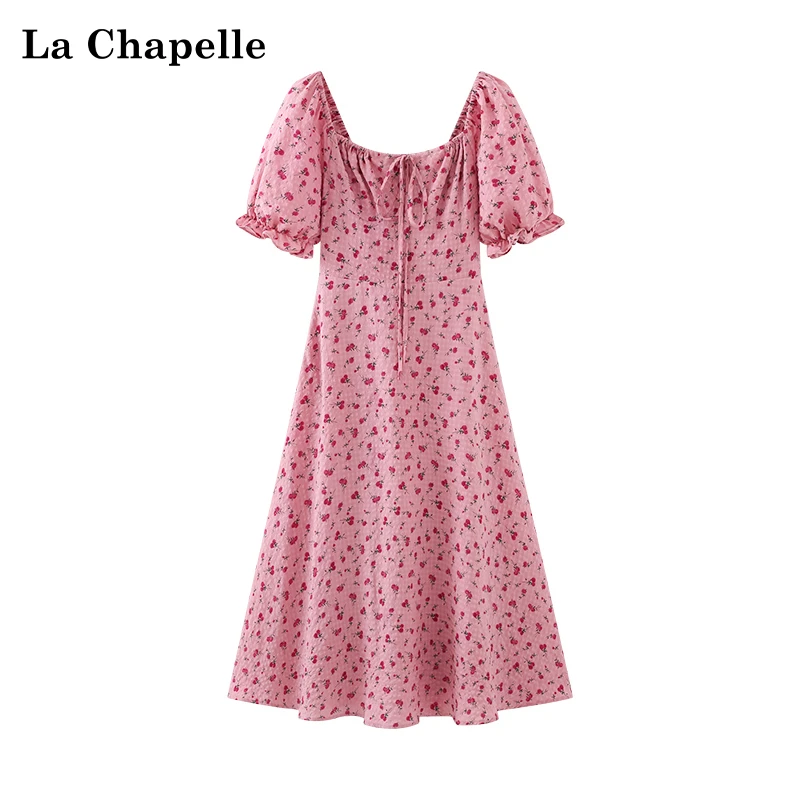 拉夏贝尔系绳后松紧碎花长款短袖连衣裙女气质法式复古甜美茶歇裙