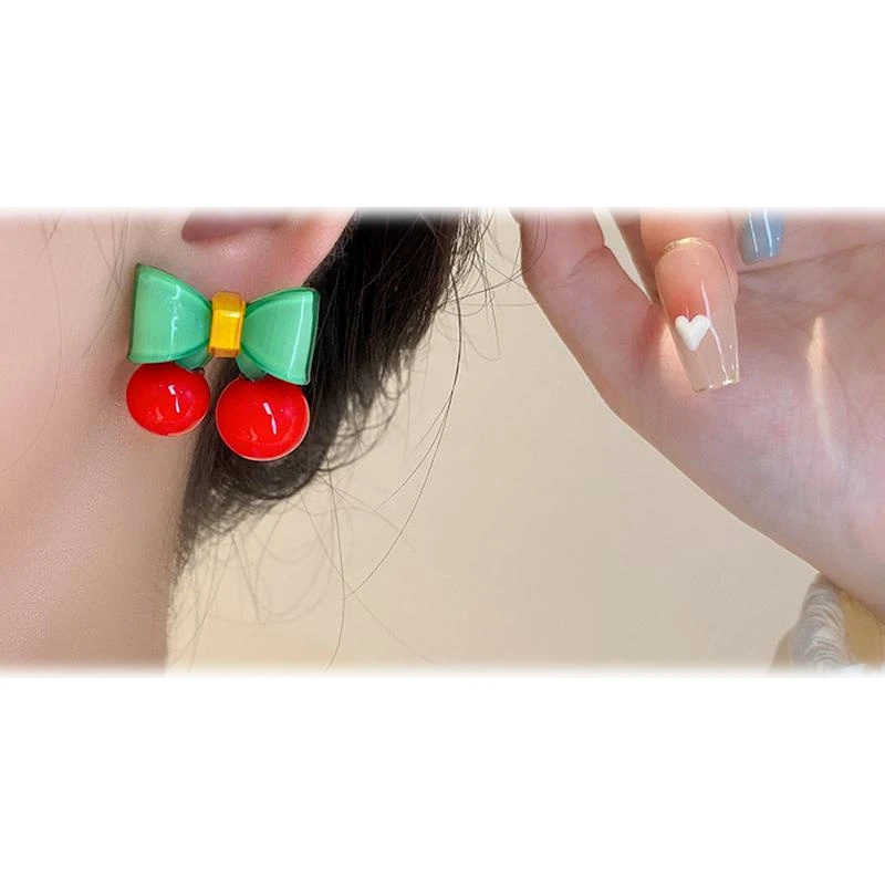 铜合金锆石耳饰 少女百搭可爱银针多巴胺甜美蝴蝶结樱桃耳环森系