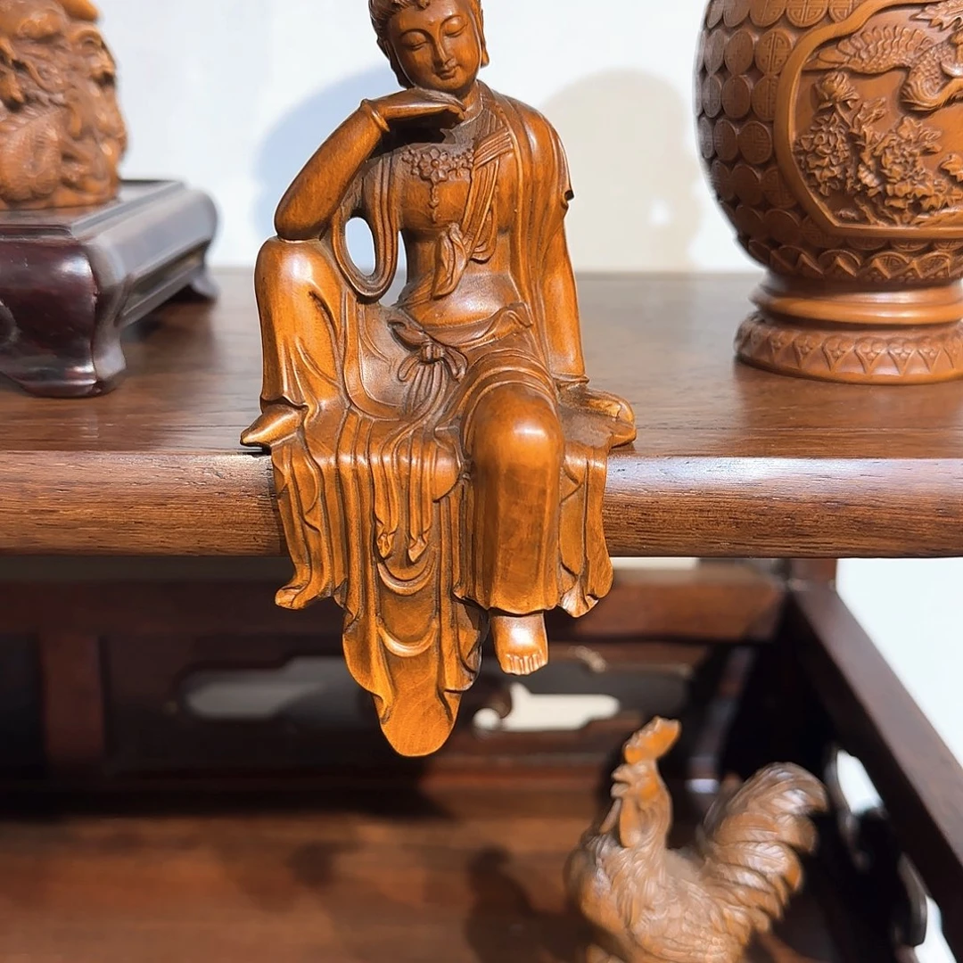 施***～黄杨木自在观音摆件总高13