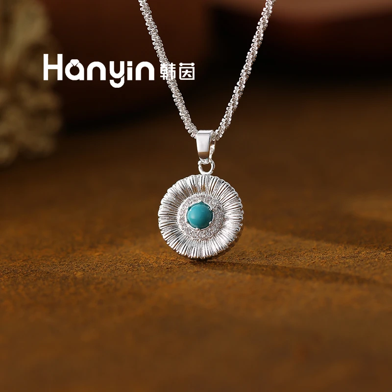 铜合金项链 60cm波光粼粼原创设计高级复古绿圆形吊坠抽拉项链