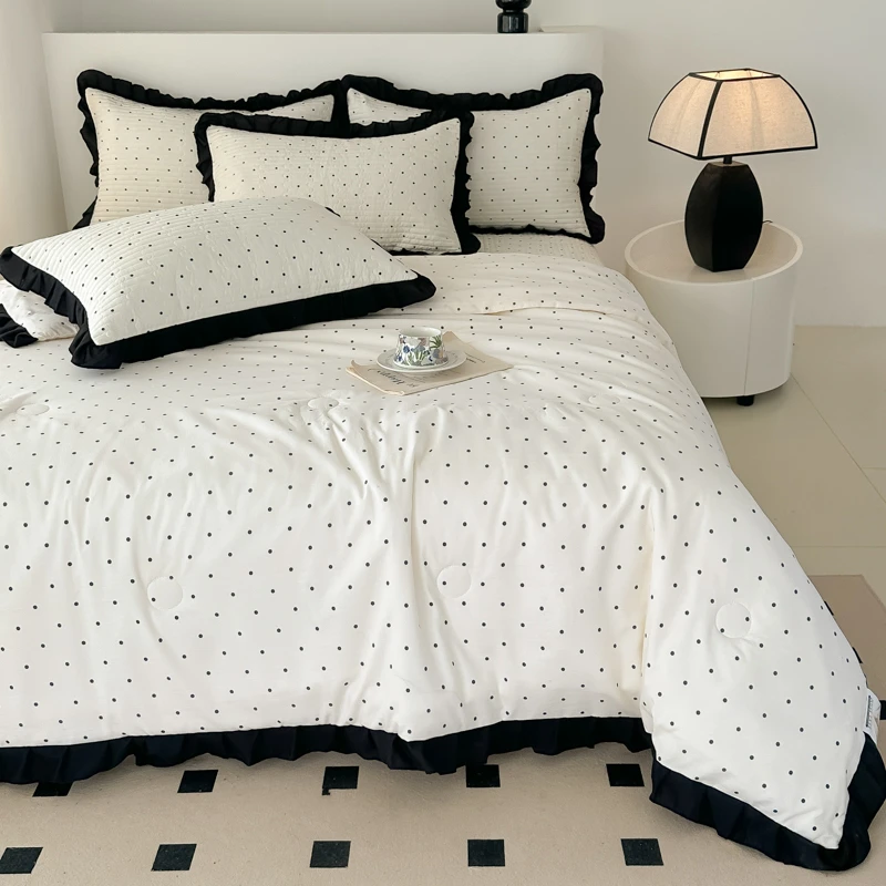 A类春夏凉被四件套法式赫本风花边款双层纱水洗夹棉可机洗可裸睡