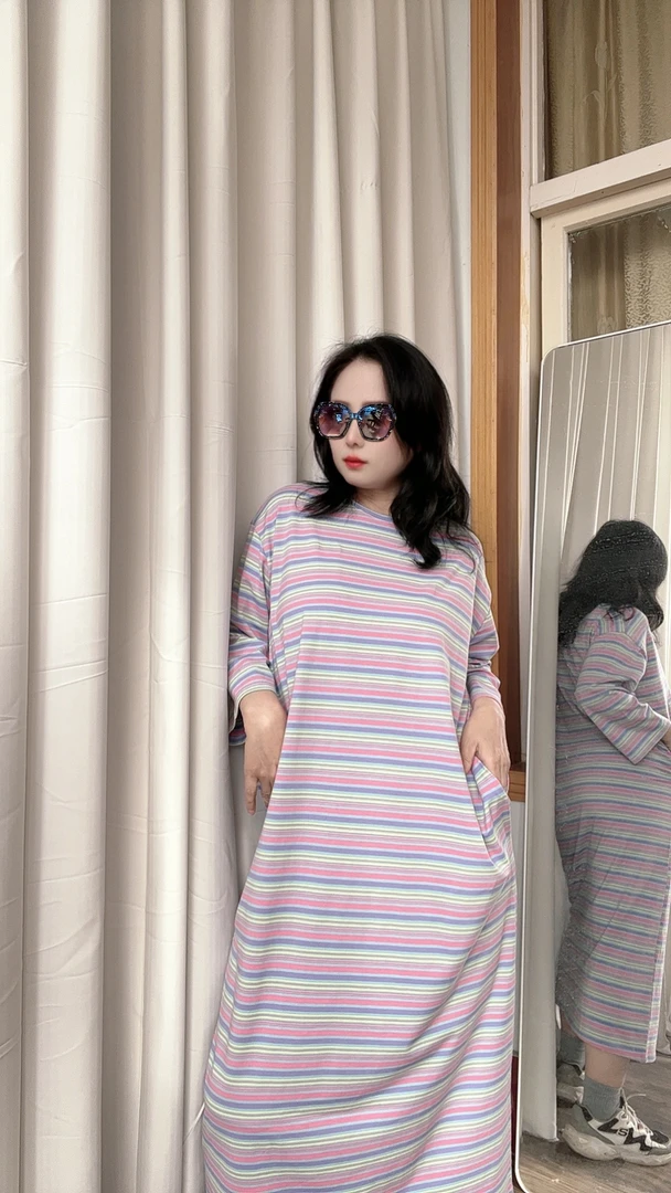 条纹睡裙女春秋款薄款新款 长袖睡衣秋季长款加长可外穿家居服