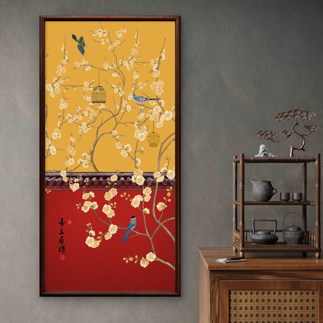 9904-55*110喜上眉梢中式装饰画实木框玄关书房茶室客厅挂画