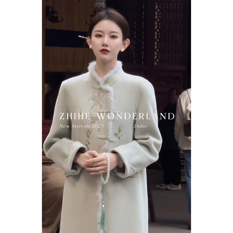 无艳一禾【竹枝词】禅意新中式水貂毛领100羊毛双面呢大衣