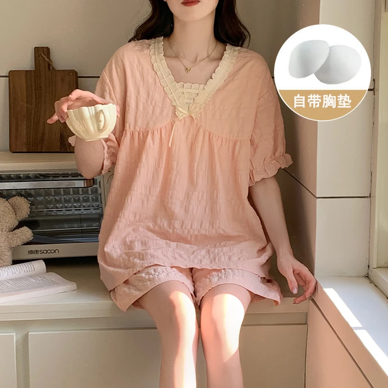 公主风带胸垫蕾丝V领睡衣女夏季短袖甜美粉色短袖短裤家居服套装