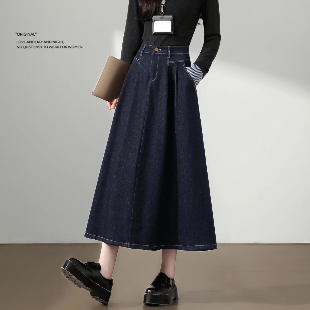 深蓝色设计感牛仔半身裙女春秋季2025新款高腰韩版A字中长款裙子
