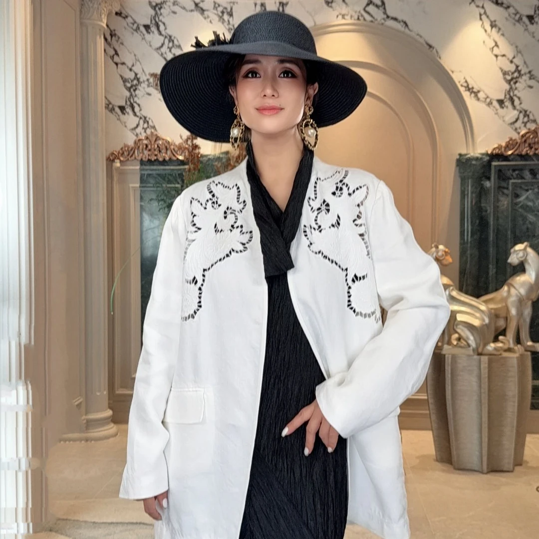 【顾文婷推荐】玉琼国风25 宝相花 长款亚麻镂空刺绣外套 J25S4408