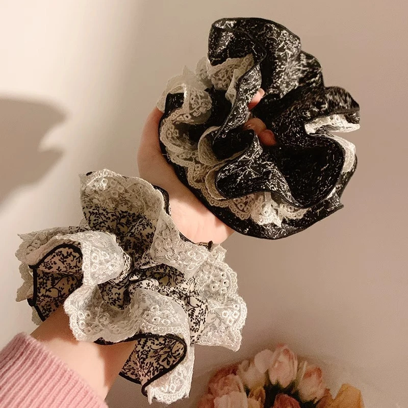 花枝剪影~韩系碎花蕾丝大肠发圈女高J感丸子头双层大号发饰头绳