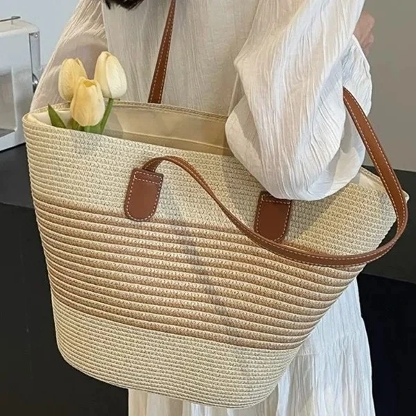 草编包时尚大容量简约单肩编织包条纹百搭女包田园度假沙滩包