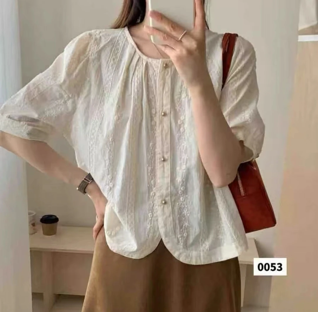 #53开衫刺绣圆领原宿风衬衫宽松法式复古小众泡泡袖衬衣蕾丝百搭