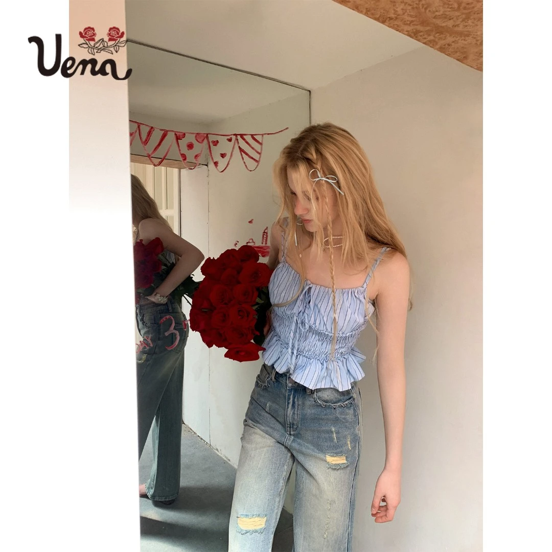 【彗星旧信】Uena蓝色条纹抽绳绑带腰部打揽荷叶边可调节吊带背心