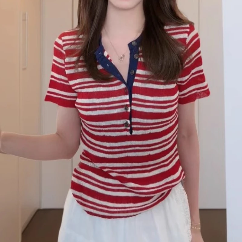 2025新款洋气时尚条纹上衣凉感显瘦短袖针织衫LK2503718