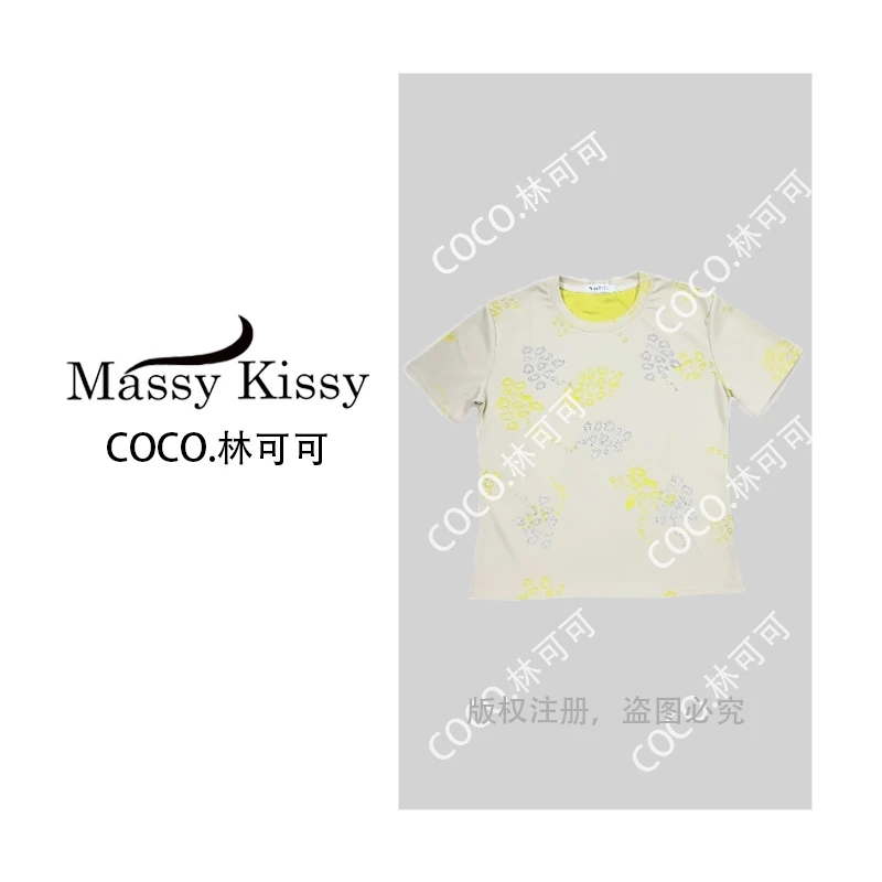 【COCO林可可】短袖 烧花烫钻设计双色面料设计T恤女修身显瘦上衣