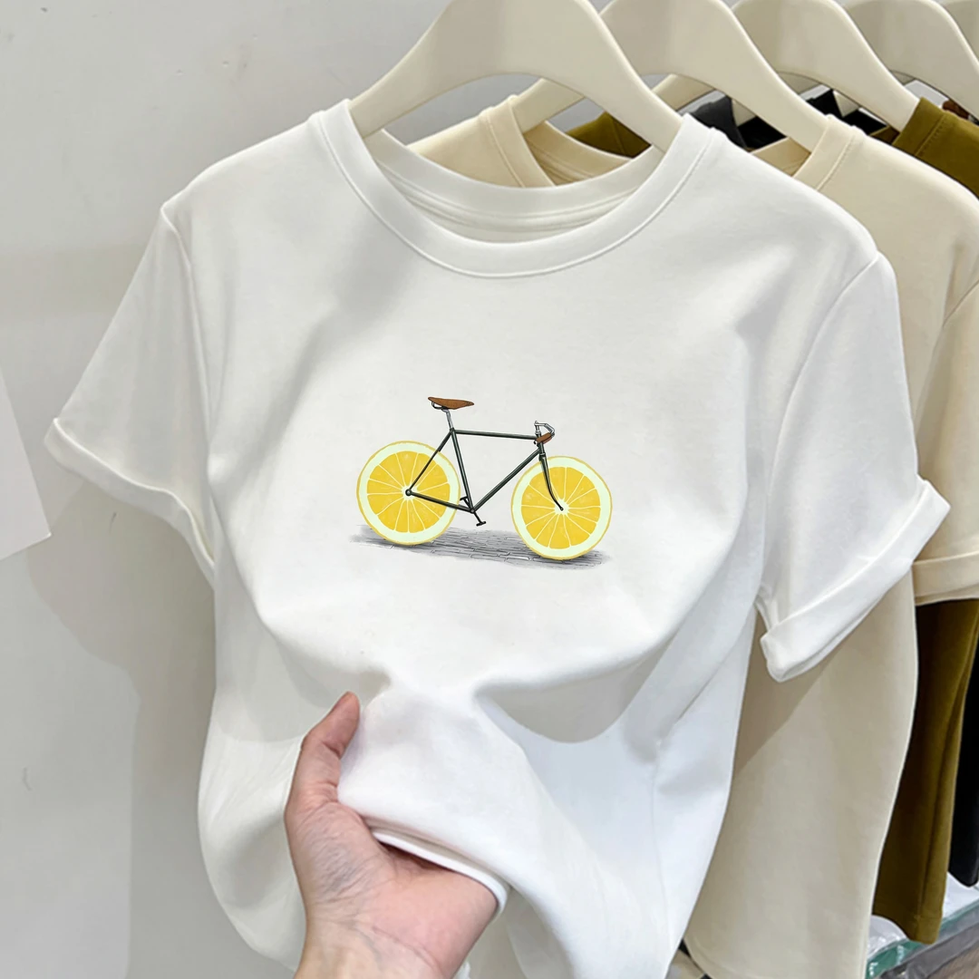 2025新款圆领柠檬车轮自行车印花纯棉短袖女洋气修身显瘦百搭上衣
