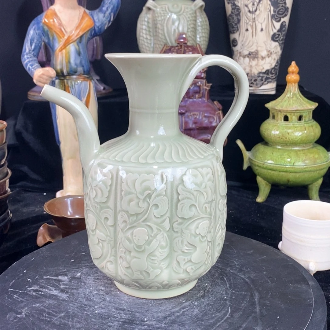 摆件耀州窑瓜棱婴戏执壶