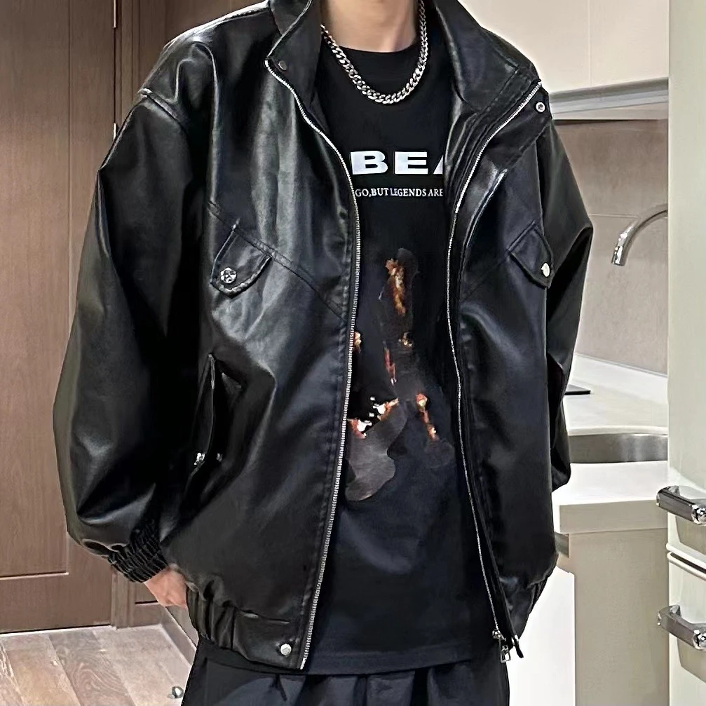 春秋休闲百搭潮流ins韩版时尚复古痞帅帅气炸街男士皮衣休闲机车