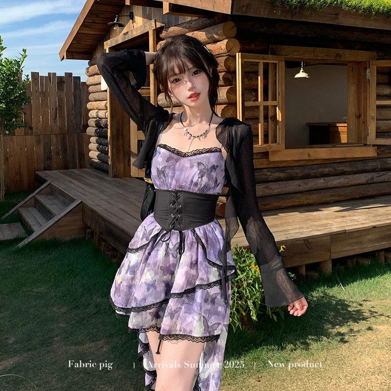 焦糖布蕾紫 织物猪原创 波西米亚碎花吊带连衣裙女夏显瘦束腰开衫