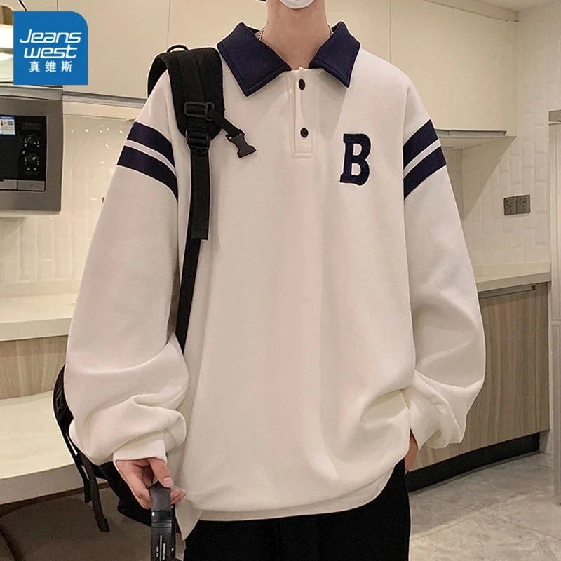 真维斯美式休闲衬衫领卫衣男生宽松新款秋季港风百搭潮牌polo衫男