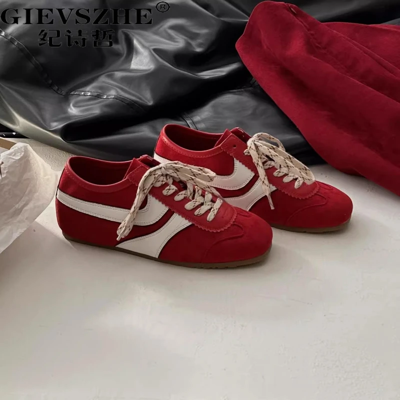 纪诗哲红色真皮德训鞋女2025新款平底百搭休闲鞋轻便透气运动板鞋