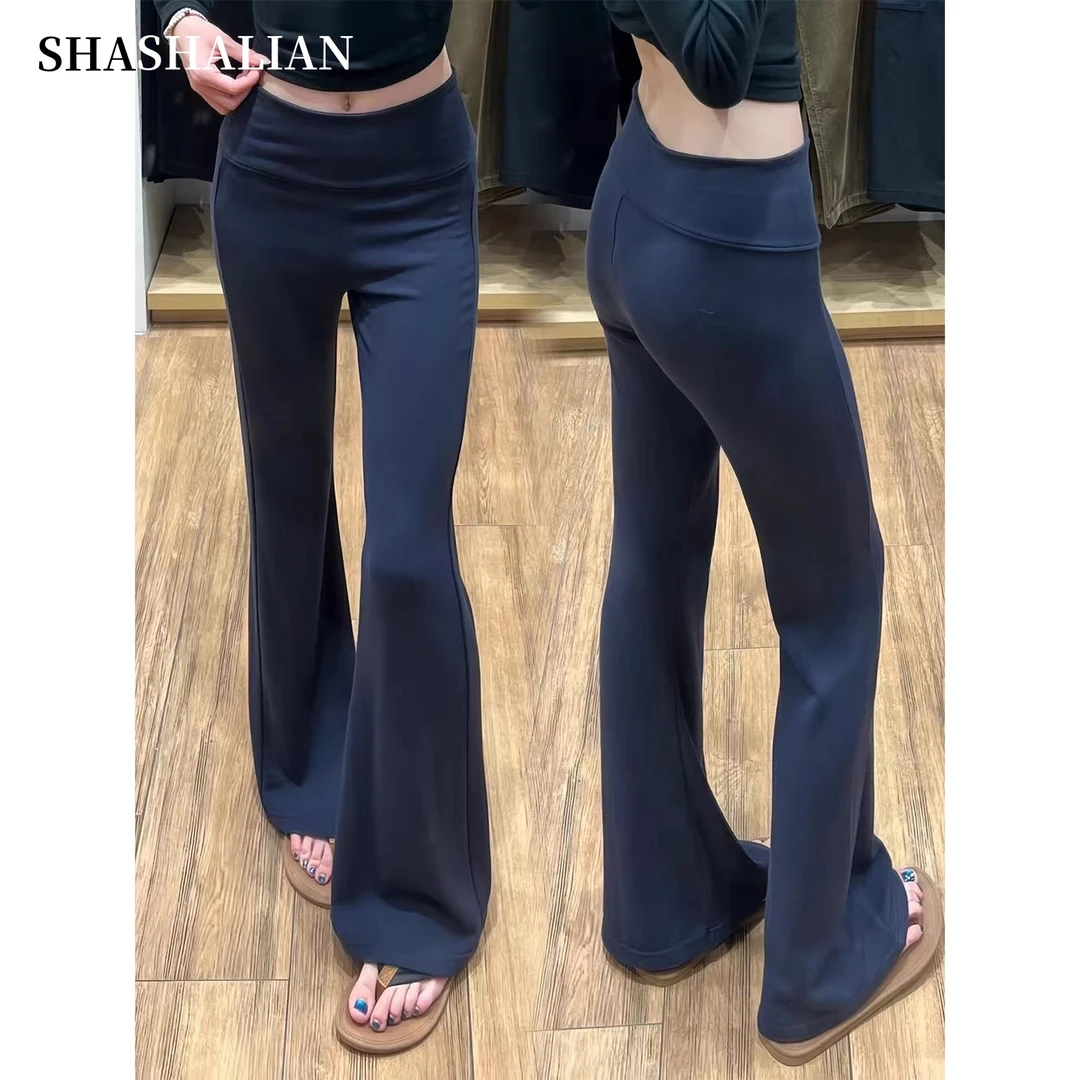 藏青色运动微喇裤女春秋2025新款高腰垂感小个子显瘦辣妹喇叭裤