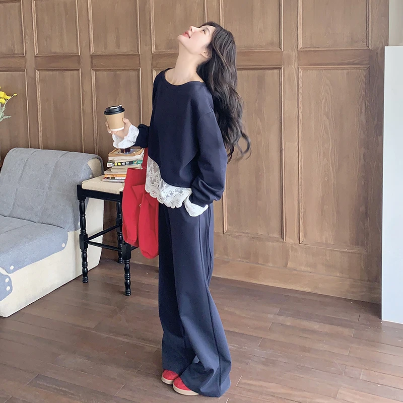 藏青色蕾丝拼接卫衣套装女春秋2025新款运动休闲减龄阔腿裤两件套