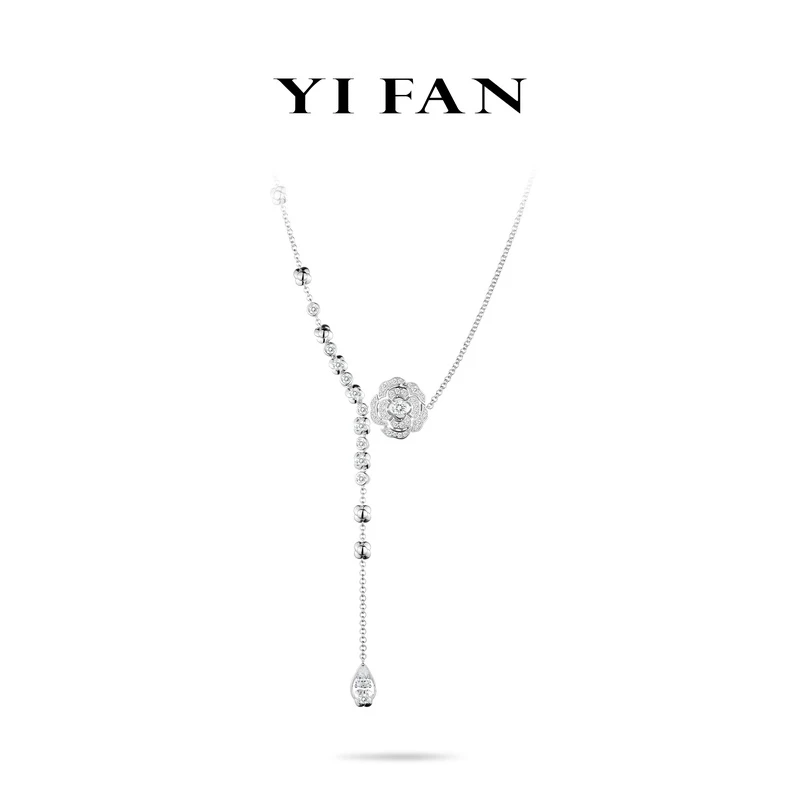 坠链均925银合成锆石 20085-白色满钻山茶花豪镶百搭项链