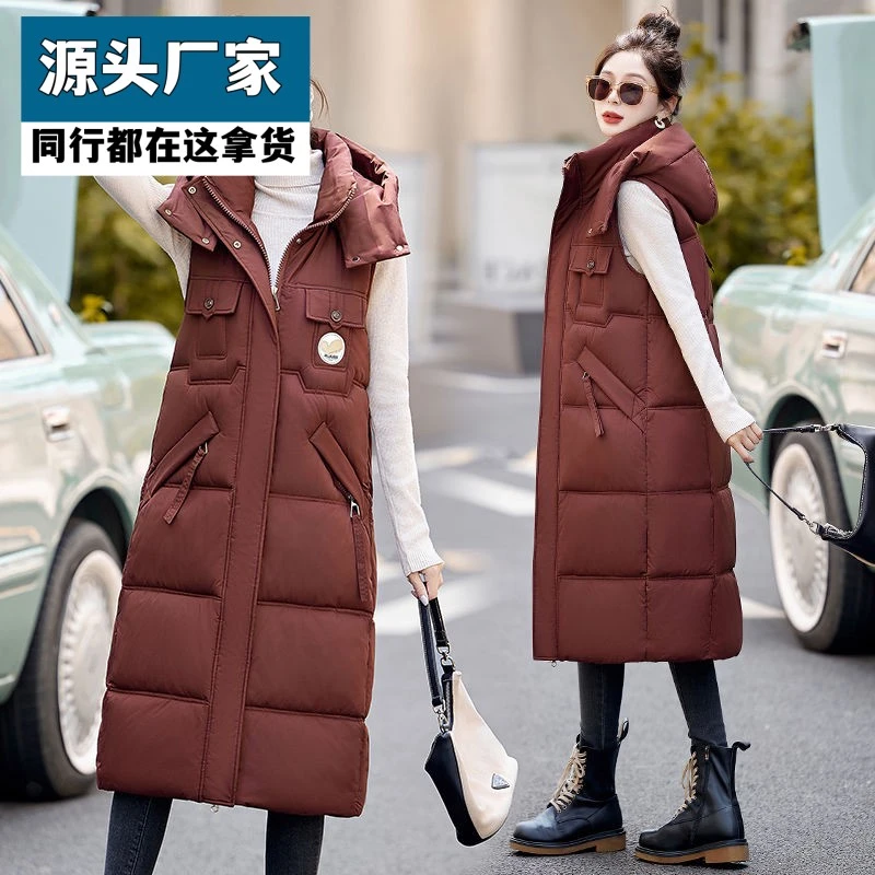 梵乐芬新款整张棉不变形连帽长款过膝棉马夹显瘦马甲高端洋气外穿
