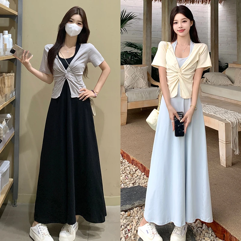 2025夏季大码女装新款时尚胖妹妹扭结开衫气质纯欲挂脖连衣裙套装