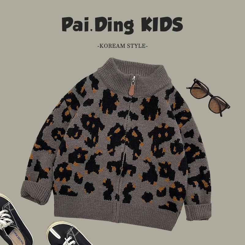 【饭多多】春秋装儿童韩版豹纹休闲宽松针织毛衣开衫HCXZ3650