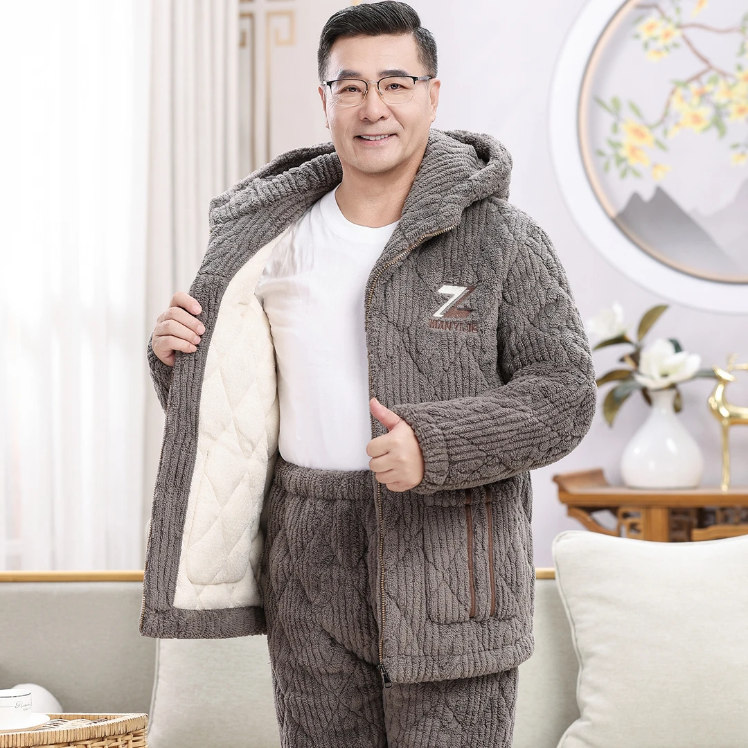 冬季男士睡衣中老年人三层加厚夹棉衣珊瑚绒保暖家居服法兰绒套装