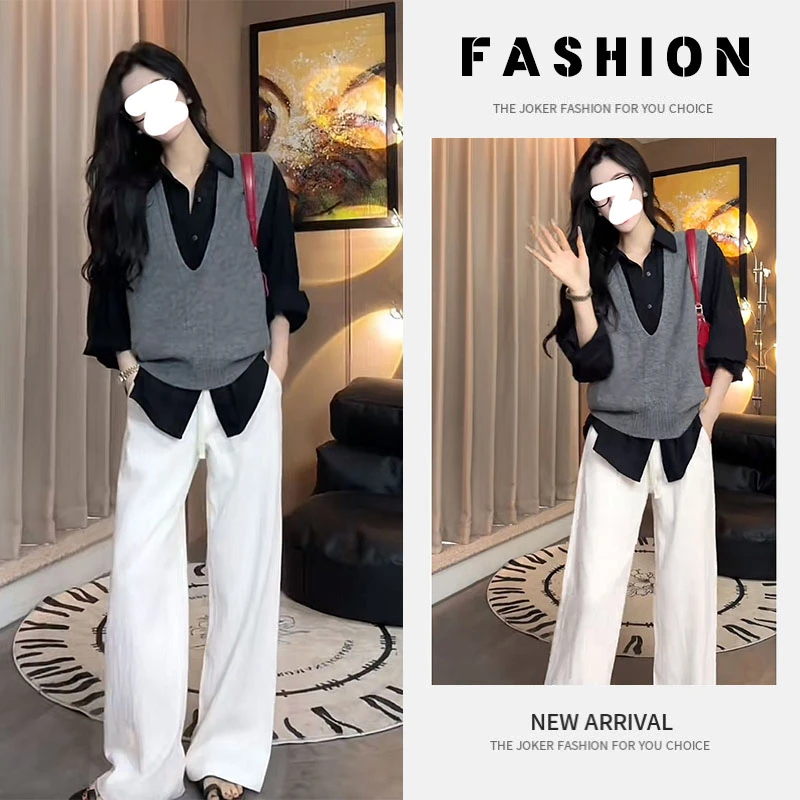 早春时尚穿搭一整套女2025新款百搭衬衫无袖针织马甲直筒裤三件套