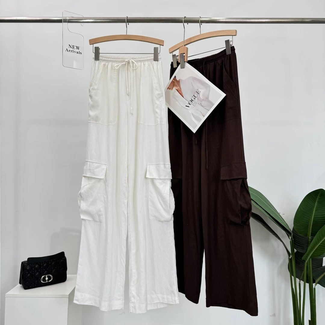 B416亚麻时尚松紧阔腿裤立体装饰春季休闲长裤子夏季时尚直筒纯色