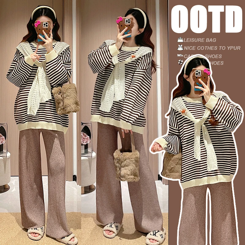 孕妇装秋装2025新款秋冬外穿减龄条纹镂空披肩假两件上衣休闲裤子