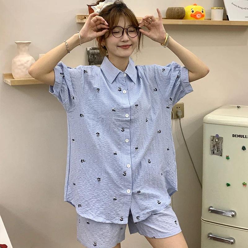 侘町2025新款满印熊猫短袖睡衣女春夏款可外穿纯棉卡通家居服夏季