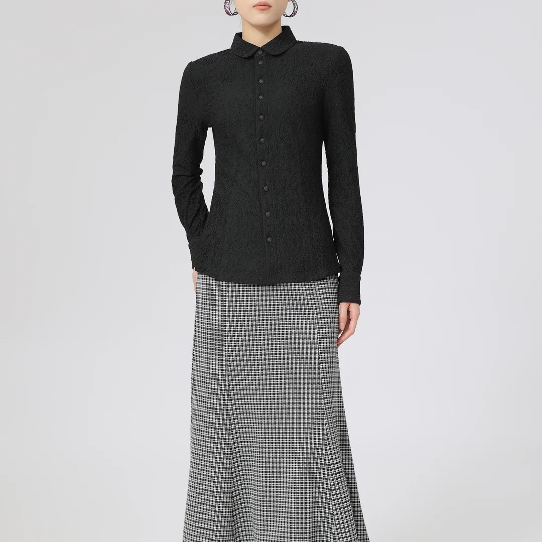 AMASS/阿玛施冬季百搭polo单排扣巴恩风修身纯色打底衬衫5300528