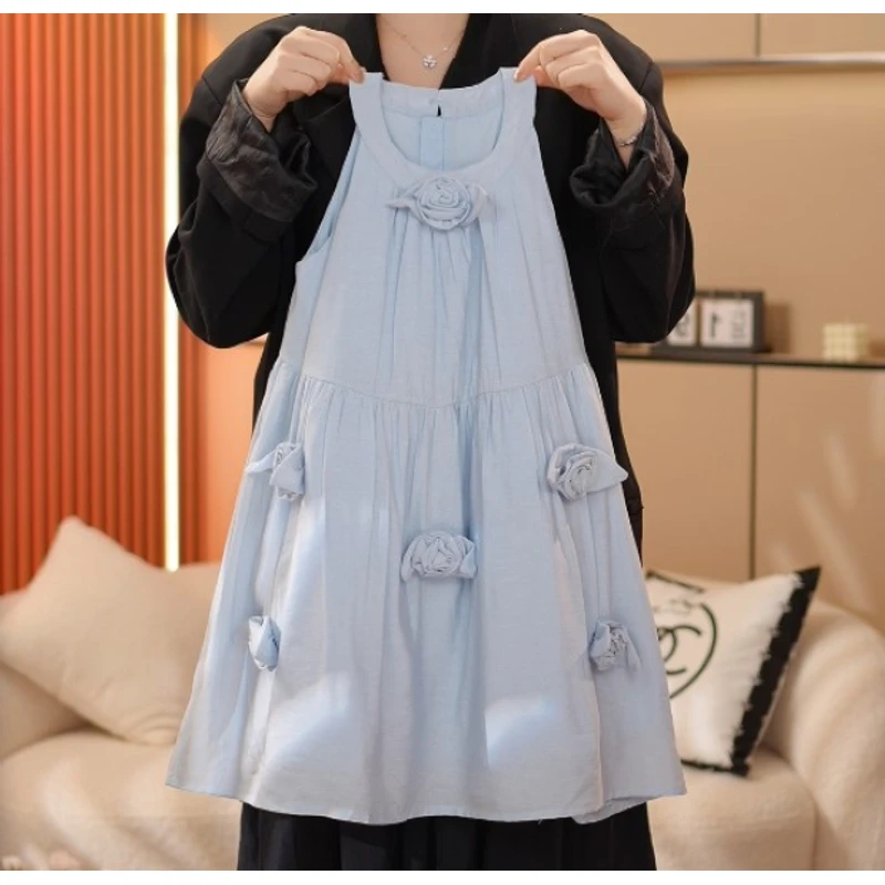 2025夏季新款女童手工韩版夏装连衣裙时尚立体玫瑰雪纺儿童背心裙