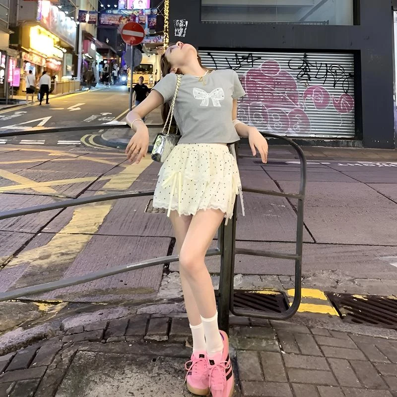 甜美套装女夏季灰色蝴蝶结刺绣正肩短袖T恤蕾丝波点半身裙两件套