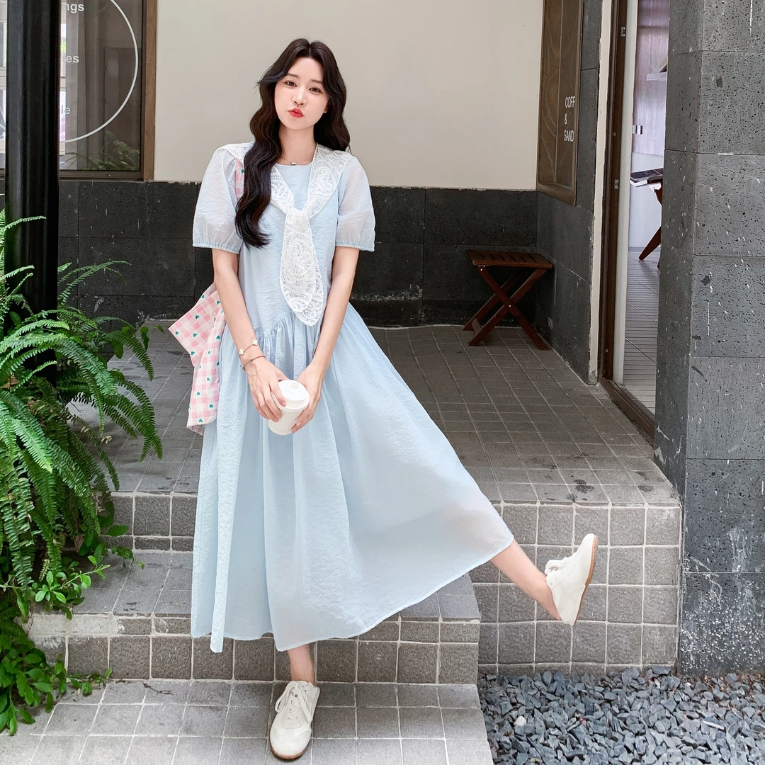 韩系甜美气质连衣裙女夏季2025新款温柔系泡泡袖减龄休闲长裙薄款