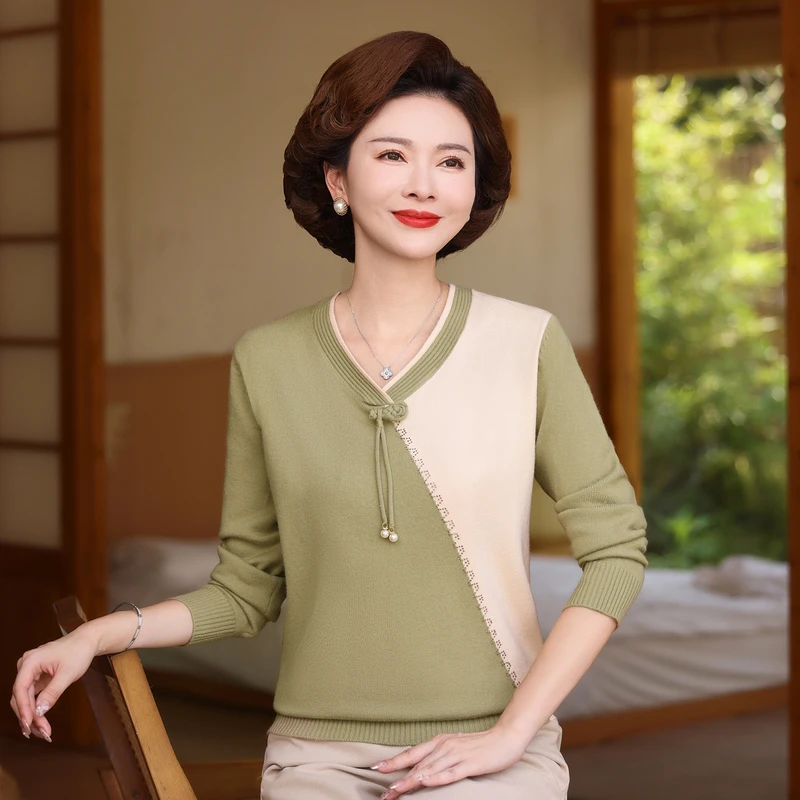 中老年妈妈装V领时尚打底针织衫弹力4050岁长袖女上衣新款奶奶装