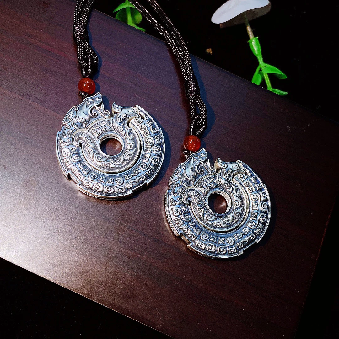 吊坠足银 正品999足银吊坠龙凤呈祥复古个性挂件龙凤合体项链男生