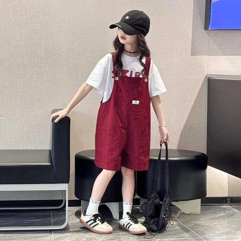 女童背带裤套装儿童夏装短袖短裤休闲两件套韩版洋气女孩网红衣服