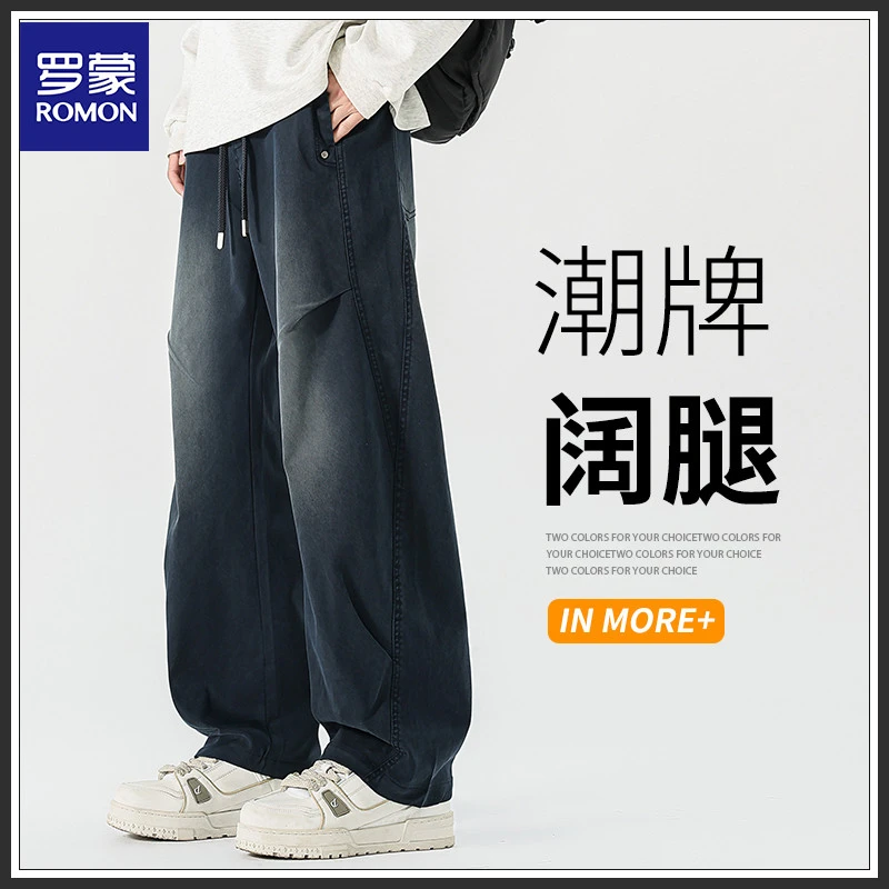 Romon/罗蒙弯刀休闲裤男款美式潮流秋季新品宽松百搭阔腿运动长裤